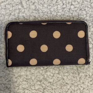 Navy and beige polka dot wallet
